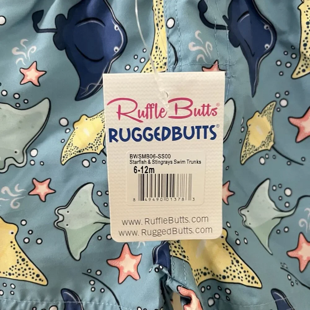 RuffleButts RuggedButts Starfish Stingrays Swim Trunks UPF 50+ Boys 6-12 Mos NWT